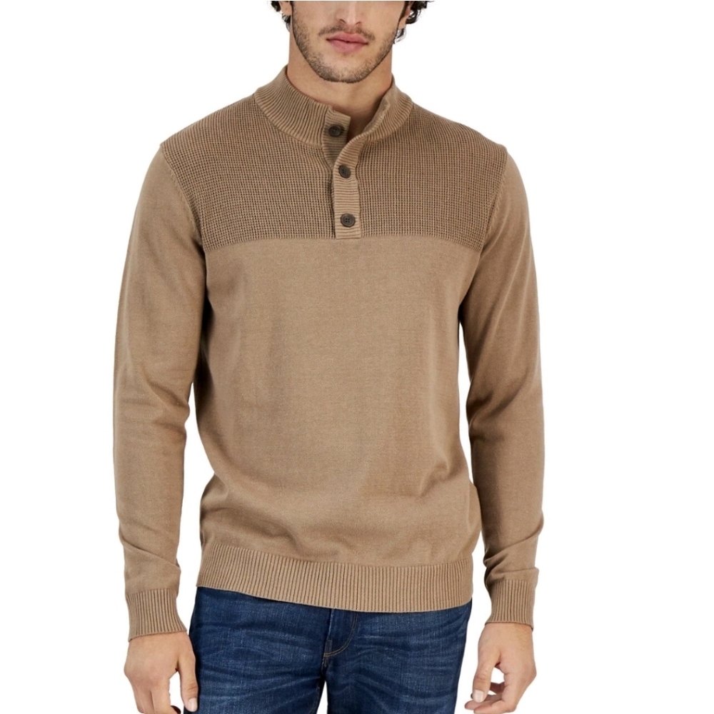 Club Room Mens Button-Up MockNeck Cotton Pullover Large